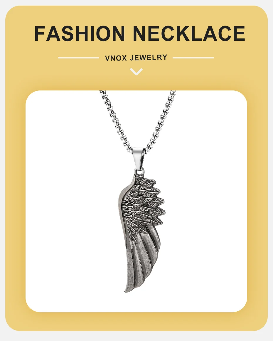Vnox Vintage-Halskette mit Engelsflügel-Anhänger für Herren, Legierungs-Federflügel-Charm, Edelstahl-Boxkette, Punk-Hip-Hop-Schmuck, Geschenk – Detail 1