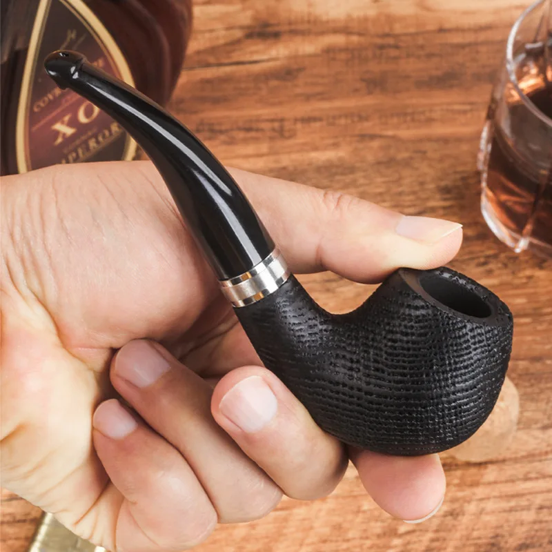 Black Oak Sandblasted Curved Pipe With 9mm Smoke Chamber, Solid Wood, Portable, Old-Fashioned Tobacco Holder