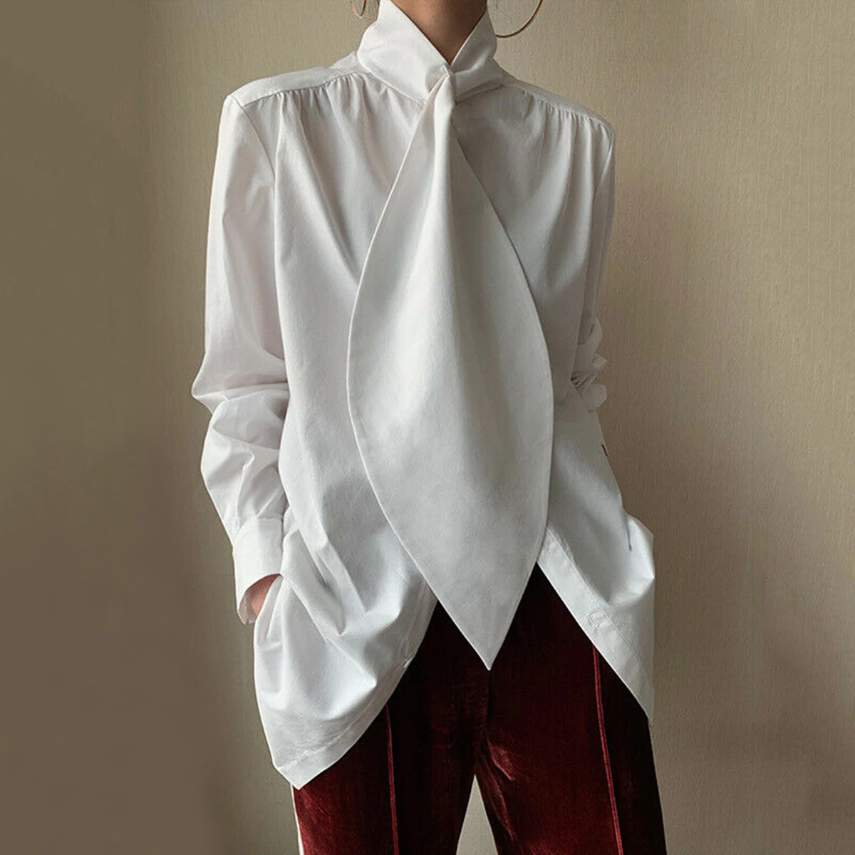 Uoozee 2022 Spring Summer Female Elegant Long Sleeves Oversize Solid Color Tops Shirt Blouse For Women