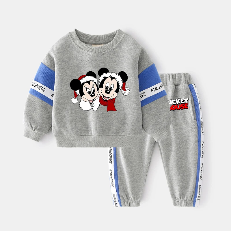 Disney Mickey Minnie Kids Sweatshirt Set Anime Cartoon Christmas Print Two Piece Suit Boys Girls Winter Casual Warm Clothes Gift