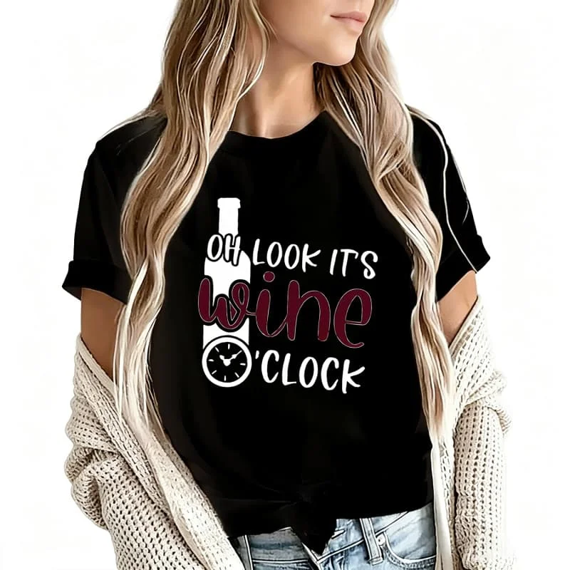 Oh Look It's Wine O'Clock Women's T-Shirt 100% Cotton Funny Graphic Short Sleeve Tee Novelty Shirt Casual Crew Neck Top S-5Xl