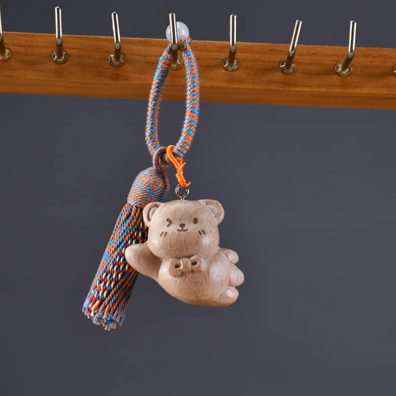 Beech Solid Wood Carved Cat Eating Fish Keychain, Cute Cartoon Wooden Bag Pendant With Tassel, Handmade Wood Craft Decor Gift