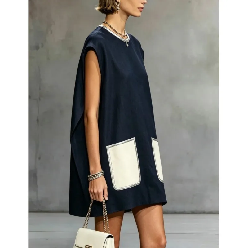 Summer 2026 Women's Mini Dress Oversize Sleeveless Round Neck Spliced Bat T-Shirt Color Block Elegant Vacation Short Dresses