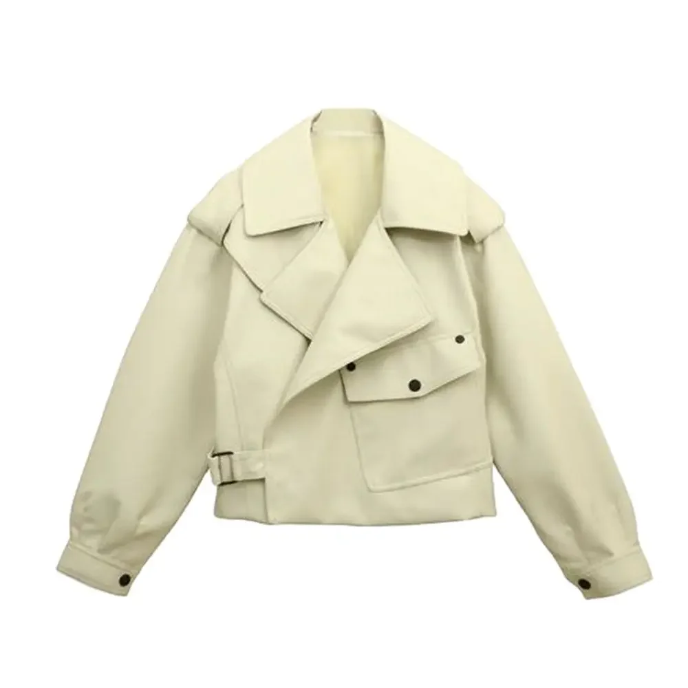 Giacca da motociclista in ecopelle da donna Cappotto bianco rosso Colletto couverture Giacche da moto in PU Capispalla streetwear allentato Primavera Novità