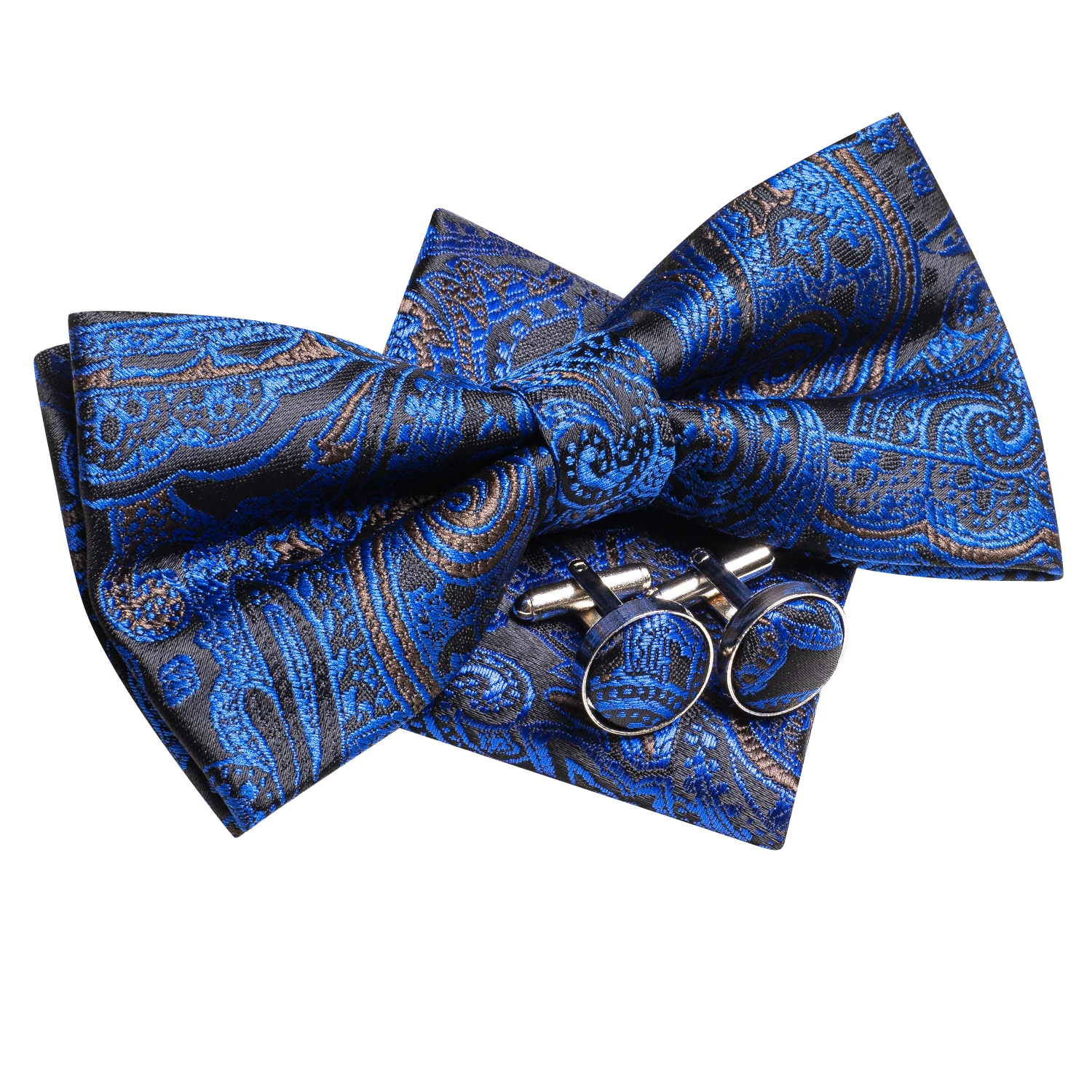 Hi-Tie Sky Navy Royal Blue Silk Mens Bow Tie Hanky Cufflinks Set Pre-tied Butterfly Knot Adjustable Bowtie Male Wedding Business