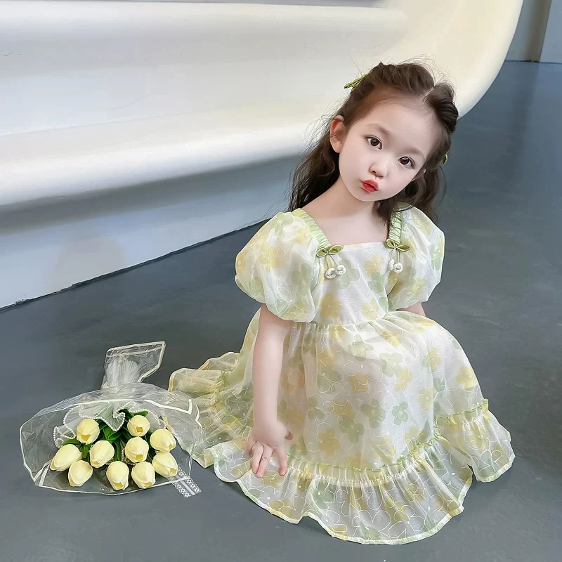 Vestido Infantil Floral de Chiffon com Manga Bufante Casual de Verão para Meninas 2026 - Vestido de Princesa para Dança e Apresentações de Palco