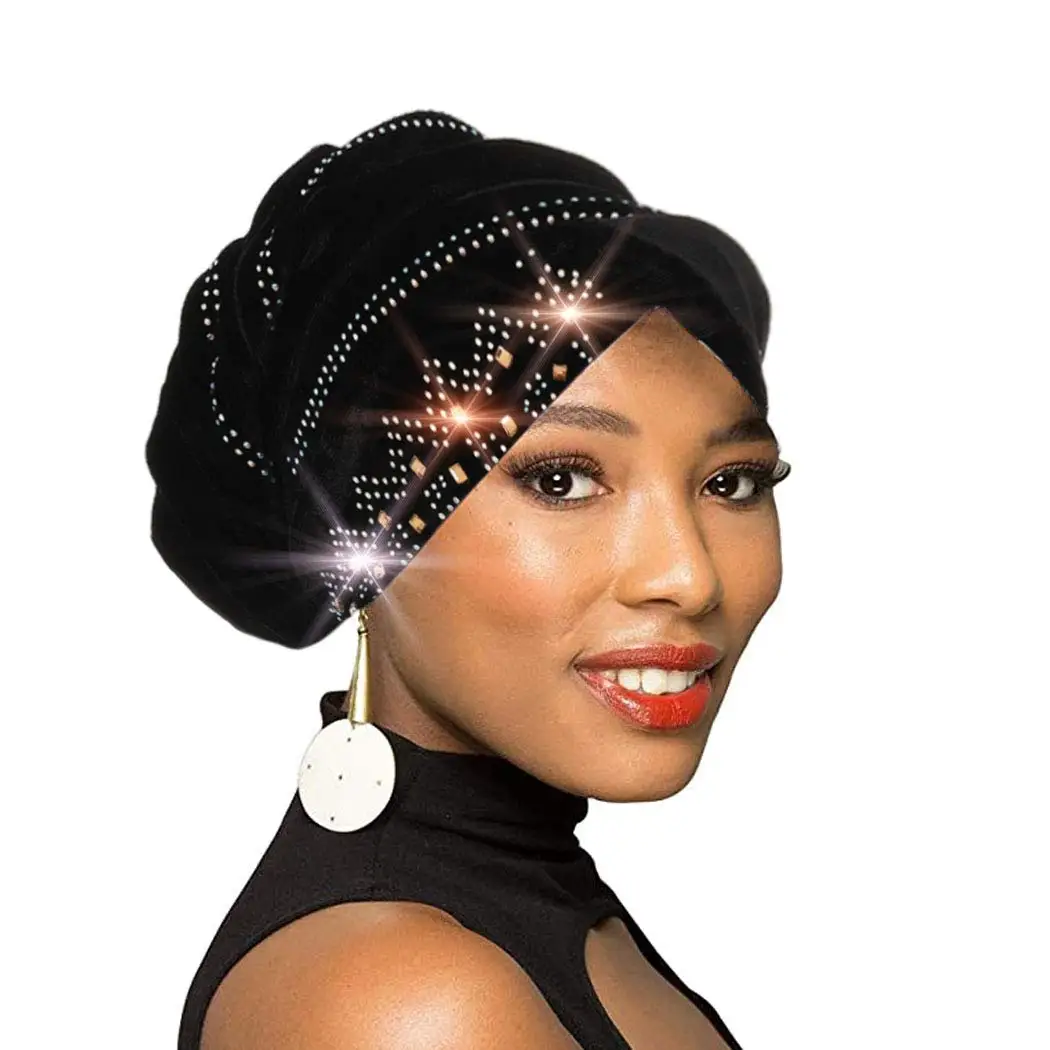 Velvet Cap Turban Shower Wide Sparkly Sleep Crystal Muslim Hijab Hat Headwear Beanie Pre-Tied Bonnet Hair Wrap For Women