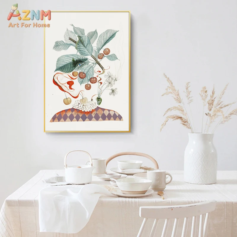 AZNM Surreal Botanical Fruit Figure Canvas Wall Art, Vintage Watercolor Lemon Cherry Blueberry Abstract Art Painting, Kitchen Ho view 4