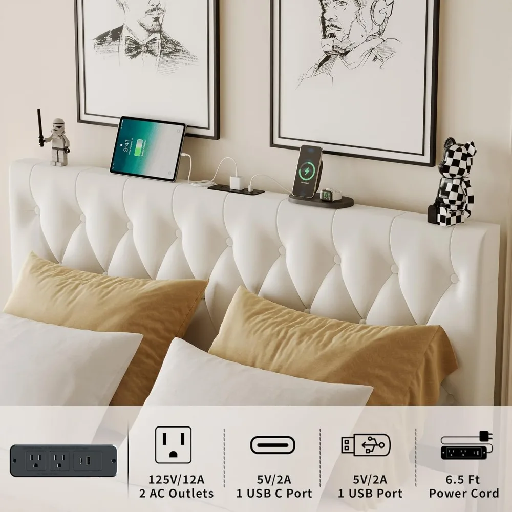 Felhajt -ig tárolására Ágy Képkeret, vel Alkalmazkodó m headboard/led lights/charging station/outlet, Bársoly upholstered Rojtos Ambo Ágy