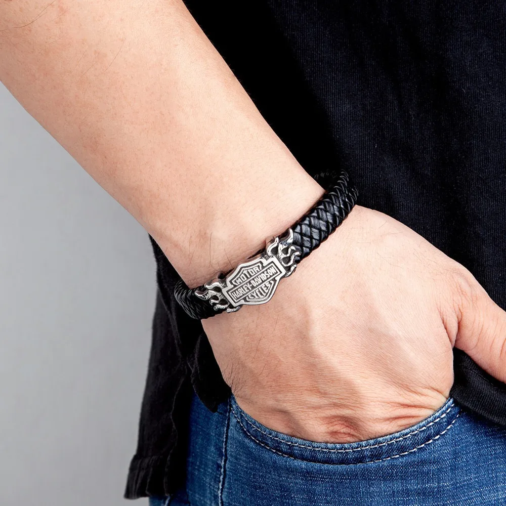 سوار رجالي أنيق متعدد الطبقات مضفر من الجلد الطبيعي عالي الجودة بإبزيم مغناطيسي معدني لدراجة Harley Davidson Electra Glide 883 #6