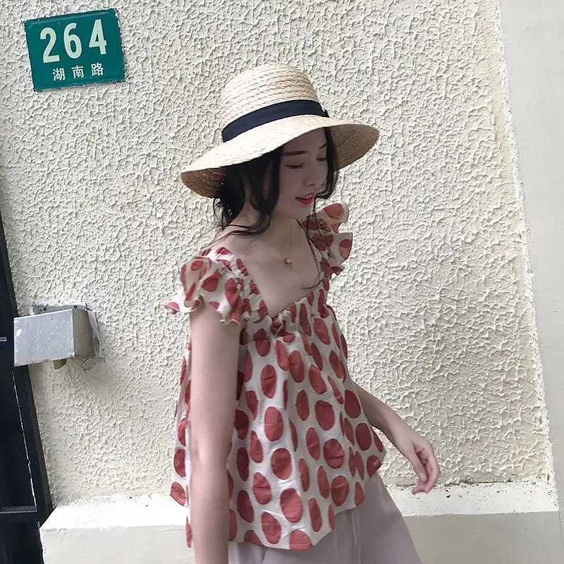 Summer Fashion Pleated Square Collar Sleeveless Camisole Women Clothing All-match Fashionable Polka Dot Sling Pullover T-Shirt