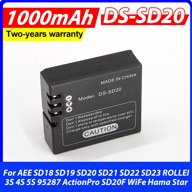 1Pcs DS-SD20 SD20 Camera Battery for AEE SD18 SD22 SD23 SD19 SD20 SD21 ROLLEI 3S 4S 5S 95287 ActionPro SD20F WiFe Hama Star