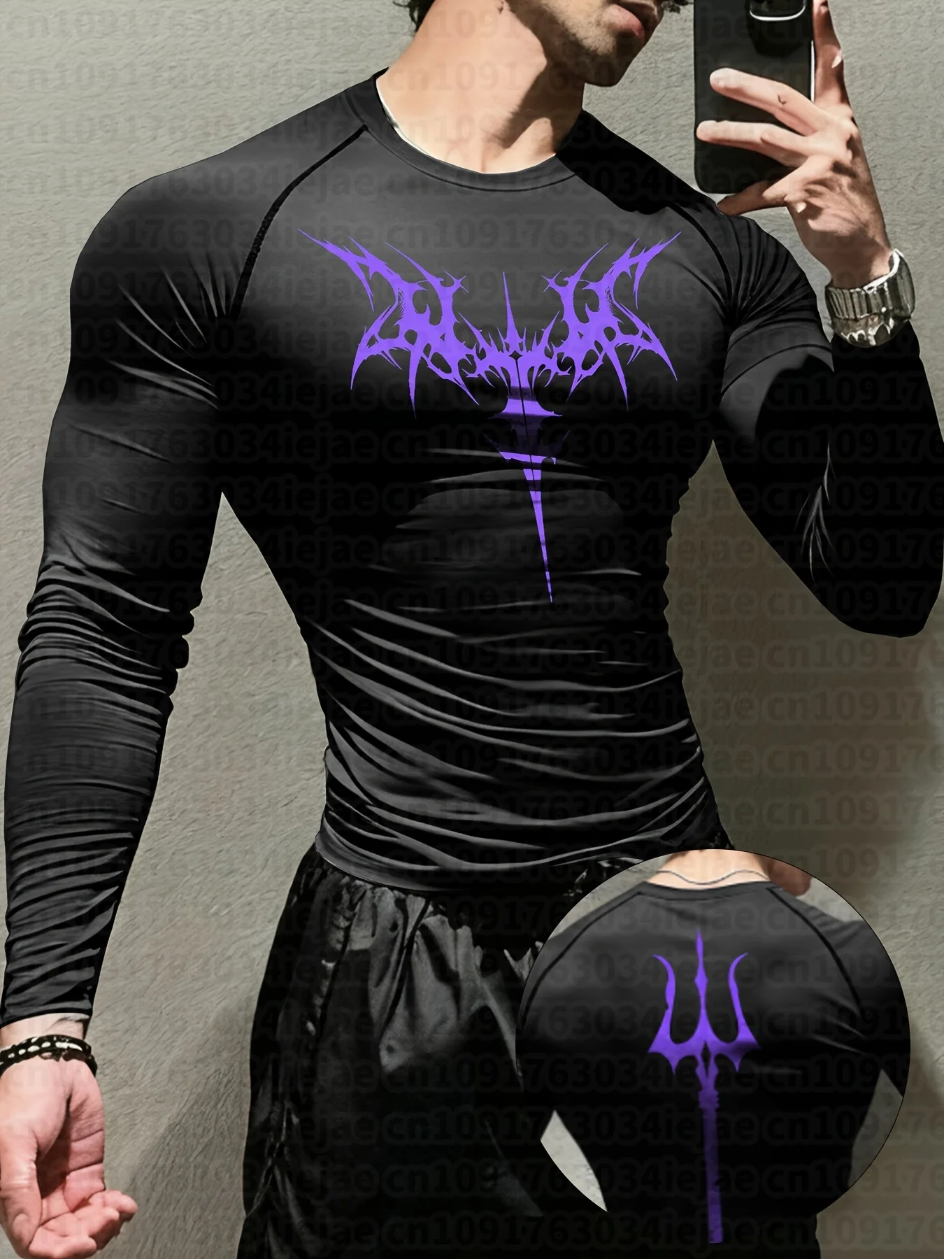 Herren-Langarmshirt mit dunklem abstraktem totemischem Gothic-Stil, Dreizack-Symbol und symmetrischem Dornenmuster. – Detail 9