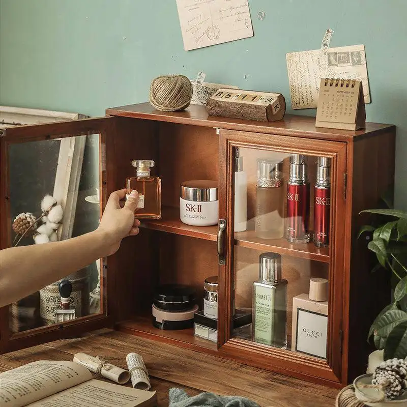 

Wooden Cup Box Style Desktop Cosmetic Display Rack Vintage Glass Storage Organizer Prevent Dust for Skin Care Products
