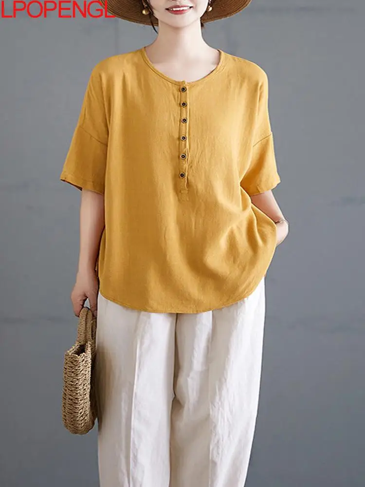 

New Retro Artistic Loose Casual Irregular Versatile Shirt Women Summer 2026 Solid Color Short Sleeved Solid Color Distressed Top