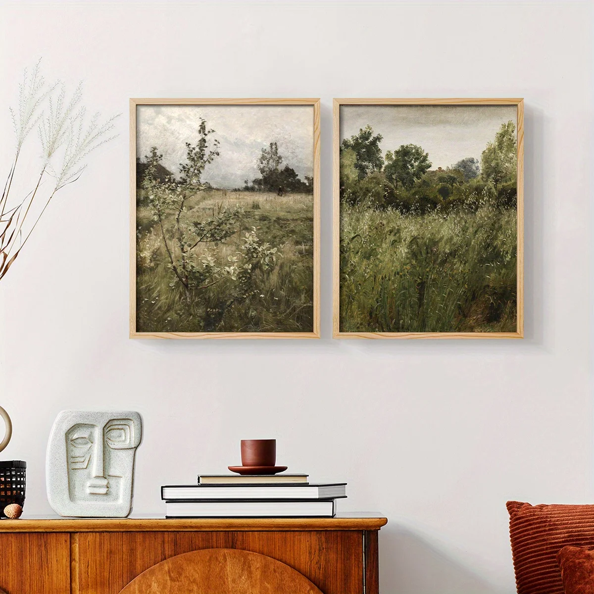 

2pcs Wooden Framed Wall Art, Landscape Plant Grass Painting Modern Colorful Vintage Floral Trees Canvas Prints Home Wall De