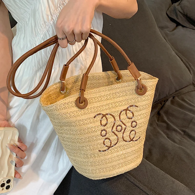 New women's festival woven shoulder straw bag letter decoration high quality summer seaside beach women's bucket bag handbag