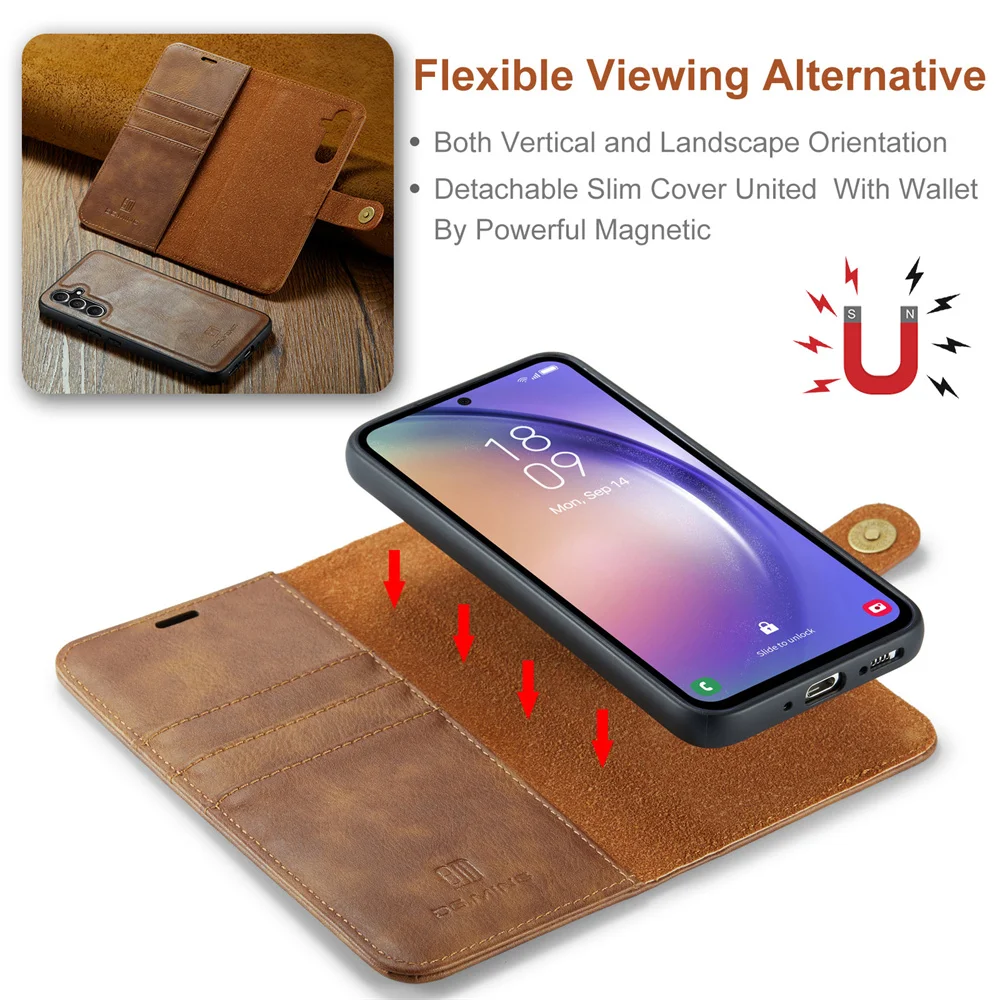 DG.MING Luxury Detachable Wallet Case for Galaxy A12 A13 A14 A22 A23 A24 A32 A33 A34 A42 A54 A72 A73 Magnetic Clasp Leather Case