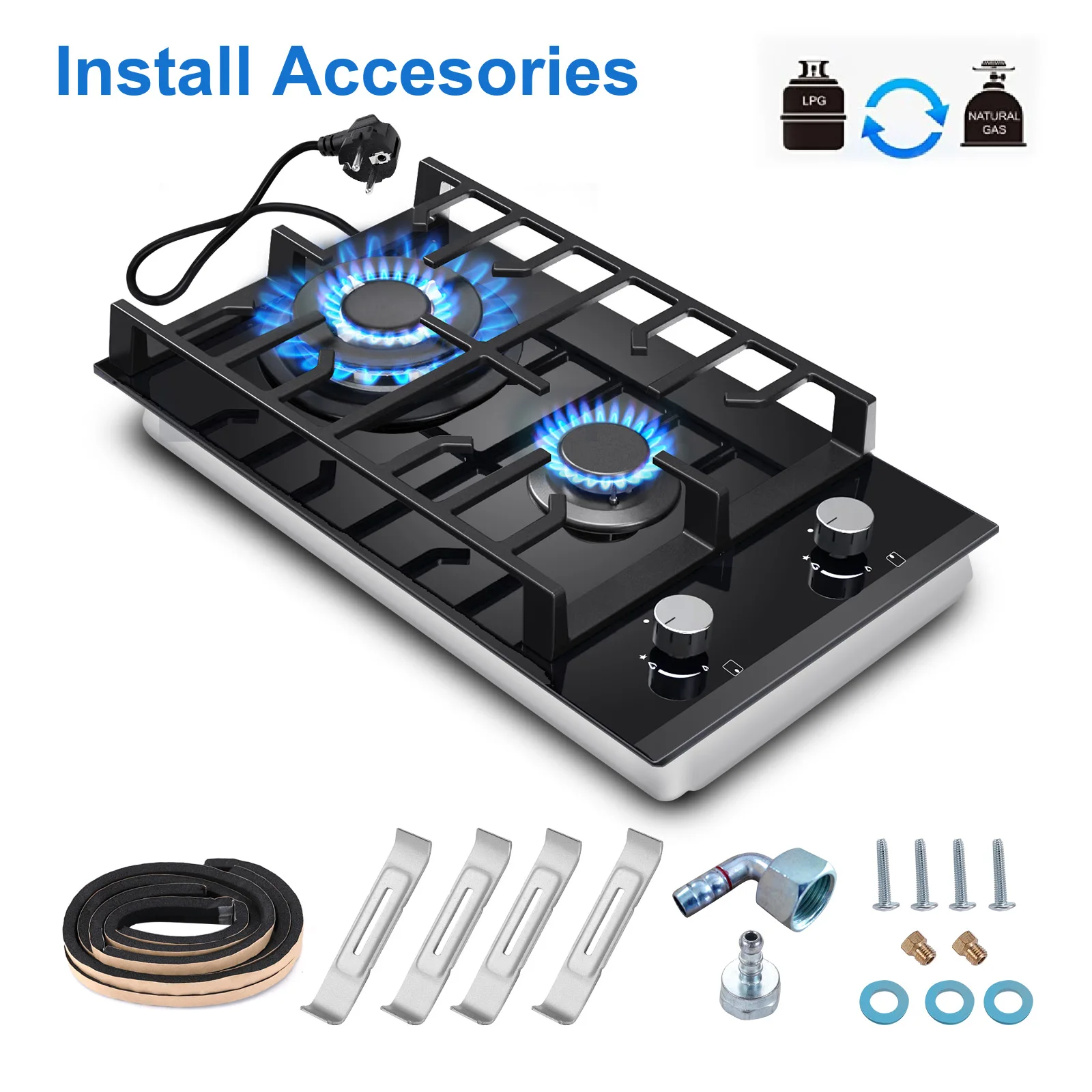 موقد غاز 2 شعلة معتمد من الاتحاد الأوروبي، زجاج مقسى مقاس 30 سم | رف حديد مصبوب مدمج وقود مزدوج (NG/LPG) فشل اللهب بقدرة 5200 وات باللون الأسود #4