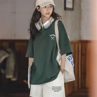Maden Women's Oversized Polo Shirt Green White Color Block Drop Shoulder Short Sleeve Cotton Summer Casual Top - Image 4