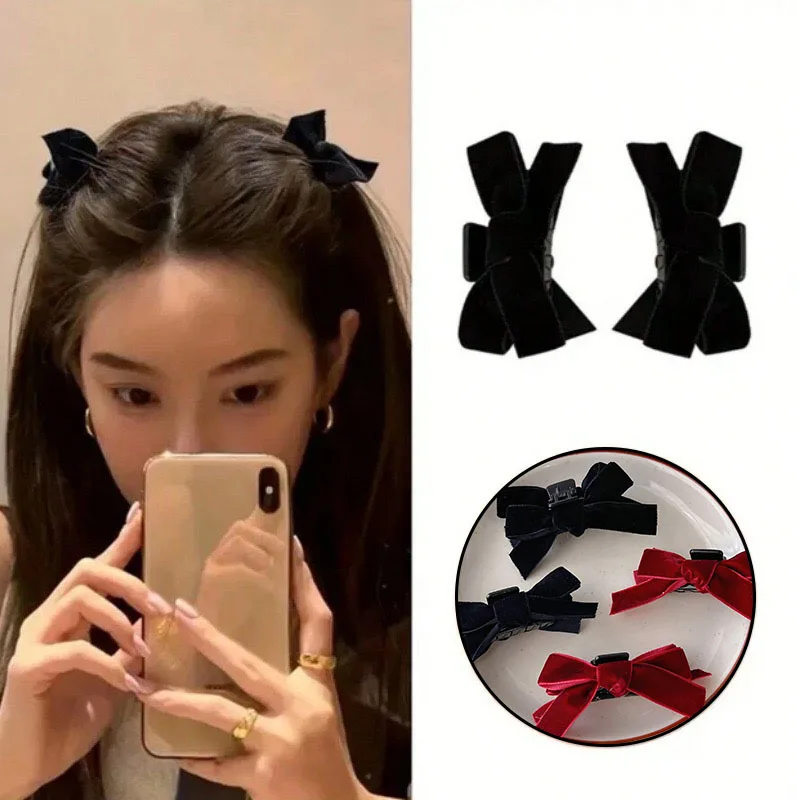 Velvet Bow Hair Clip 2Pcs Small Black Red Bowknot Claw Clip Women Vintage Korean Style Princess Hair Accessories Autumn Winter