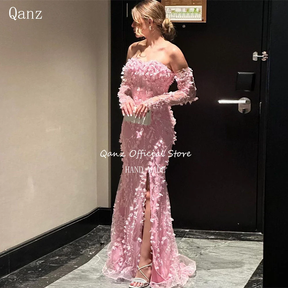 Qanz Luxury Evening Dresses Long Sleeves Flowers Robe Soirée Dubai Mermaid Slit Vestidos De Fiestas Elegantes Mujer Customized