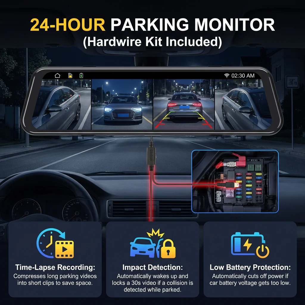 Fotografia 6: Câmera Veicular 4K Super HD com BSD ADAS, Espelho Retrovisor com Detecção de Ponto Cego, Gravação em Loop, Câmera Traseira 1080P, Gravador de Vídeo 12 Polegadas