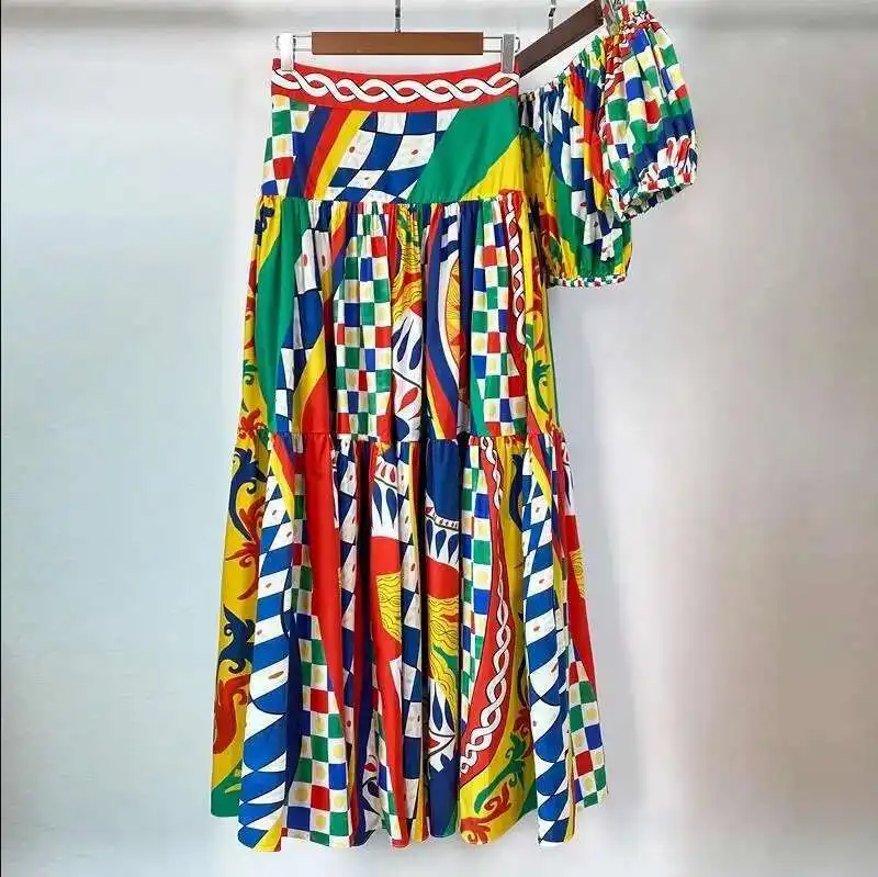 JAMERARY Runway Floral Two-piece Set For Women Summer Sexy Crop Tops Print A Line Maxi Long Skirts Suits Beach Outfits