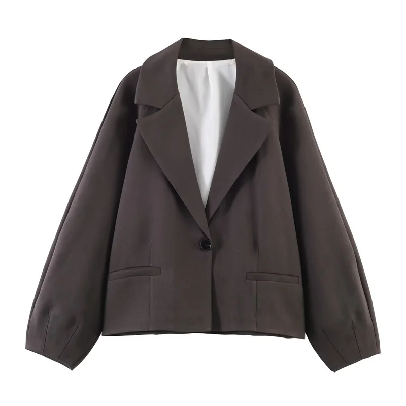 

Новая женская куртка весна 2026: темно-коричневый пиджак свободного кроя с длинными рукавами-фонариками, повседневный, модный