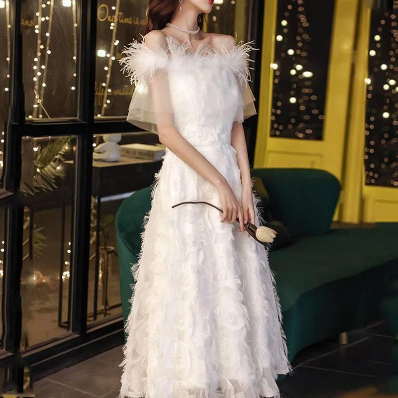 

Women Summer Trendy Sexy Off Shoulder White Luxury Evening Party Dresses Fairy High Waist Short Sleeve Slim Midi Dress Vestido