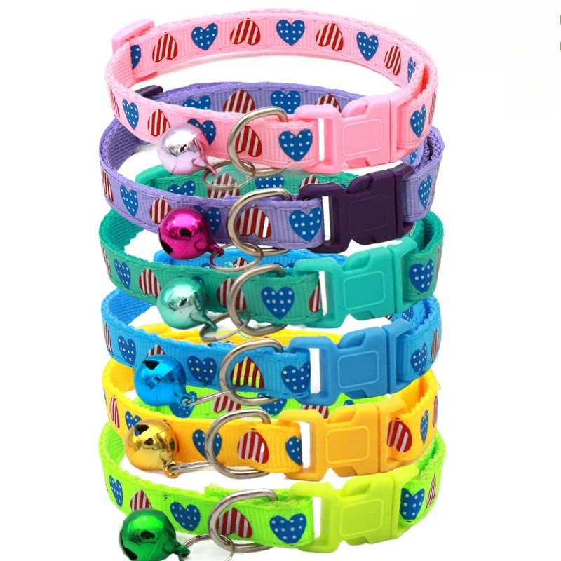 50 Pcs/ Lot Cat Collar with Bell Cartoon Heart Dog Puppy Cat Kitten Collar Adjustable Safety Bell Ring Necklace Cat Jewelry