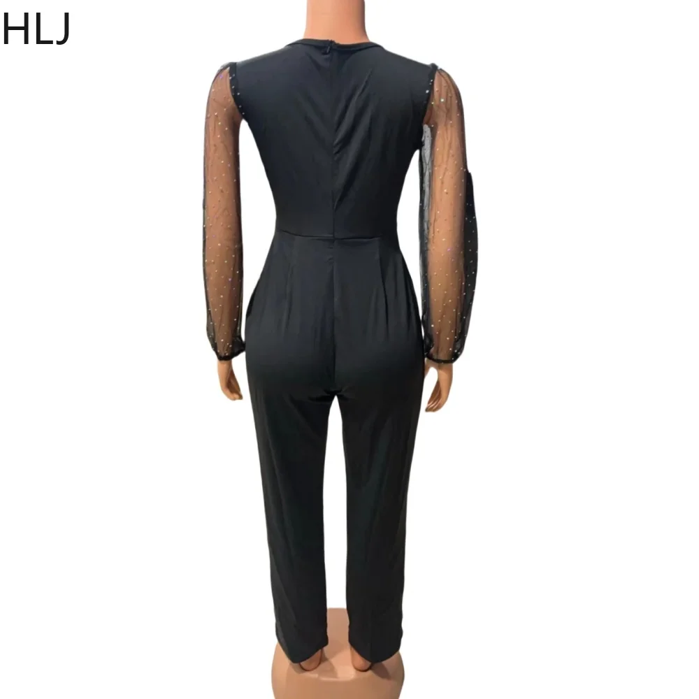 HLJ Black Fashion Rhinestone V Neck Pencil Pants One Pieces Jumpsuits Women Long Sleeve Sheer Slim Playsuits Female OL Overalls