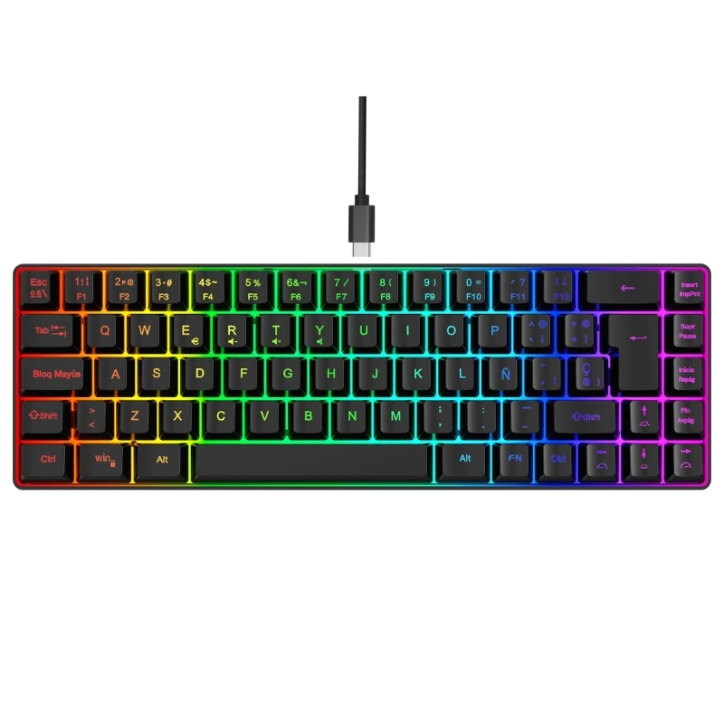 RGB Membrane Keyboard Hot Swappable Spanish Keyboard Corded Keyboard 68 Key Gaming Keyboard for Computer Laptops