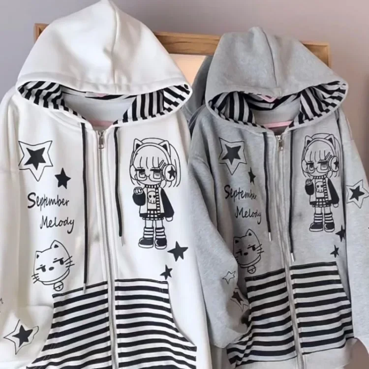 Japanese Cartoon Print Hoodies Women Casual Loose Stripe Patchwork Y2k Aesthetic Zipper Sweatshirt Vintage Gothic Grunge Hoody