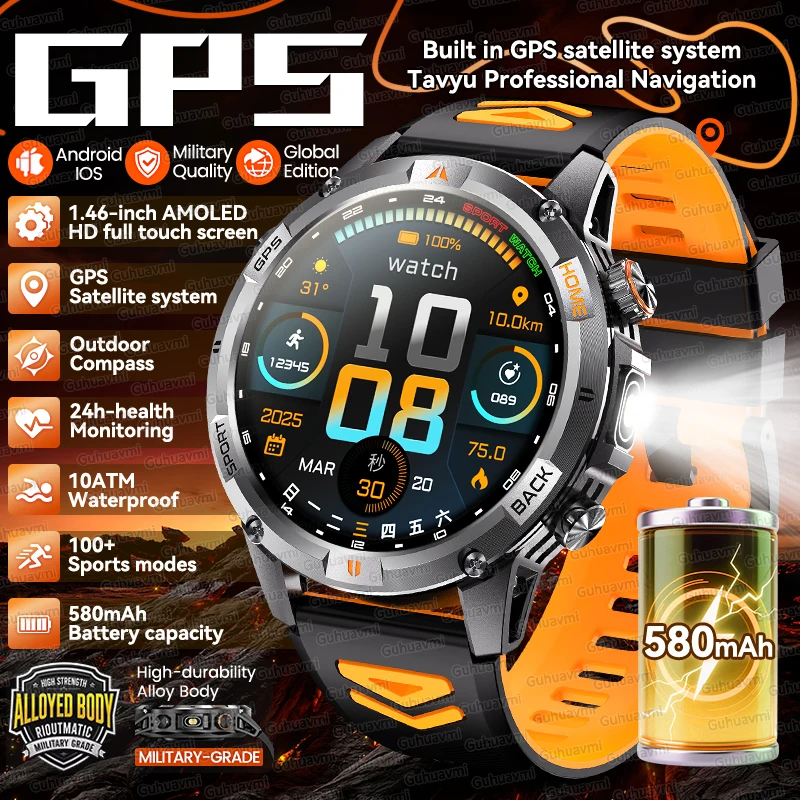 

Взрослые военные настоящие GPS спутниковые умные часы, компас, аккумулятор 580 мАч, 10 АТМ, водонепроницаемые, Bluetooth-вызовы, мужские умные часы AMOLED HD