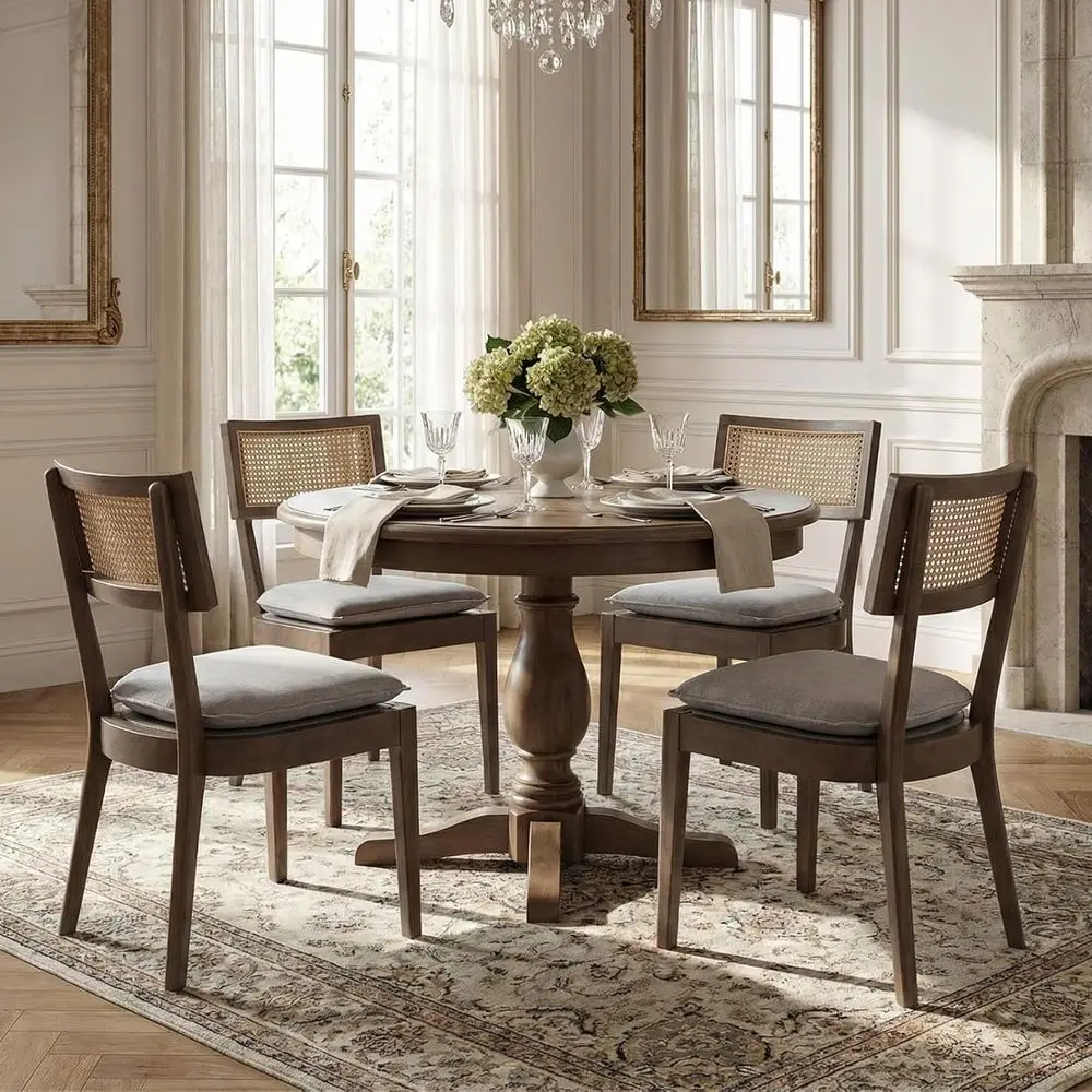 

Set of 4 Linen French Country Dining Chairs with Hollow Back, Upholstered Seat, Suitable for Kitchen or Living Room, Light Brown