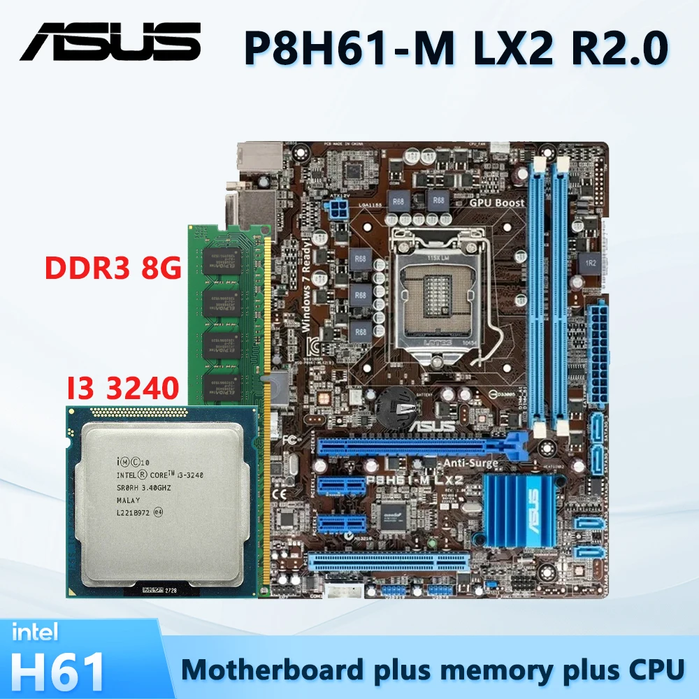 ASUS H61 Motherbaord CPU RAM Combo P8H61-M LX2 R2.0 + Intel Core i3 3240 + DDR3-8G Desktop Computer Mainboard 4x SATA 2.0 Prots