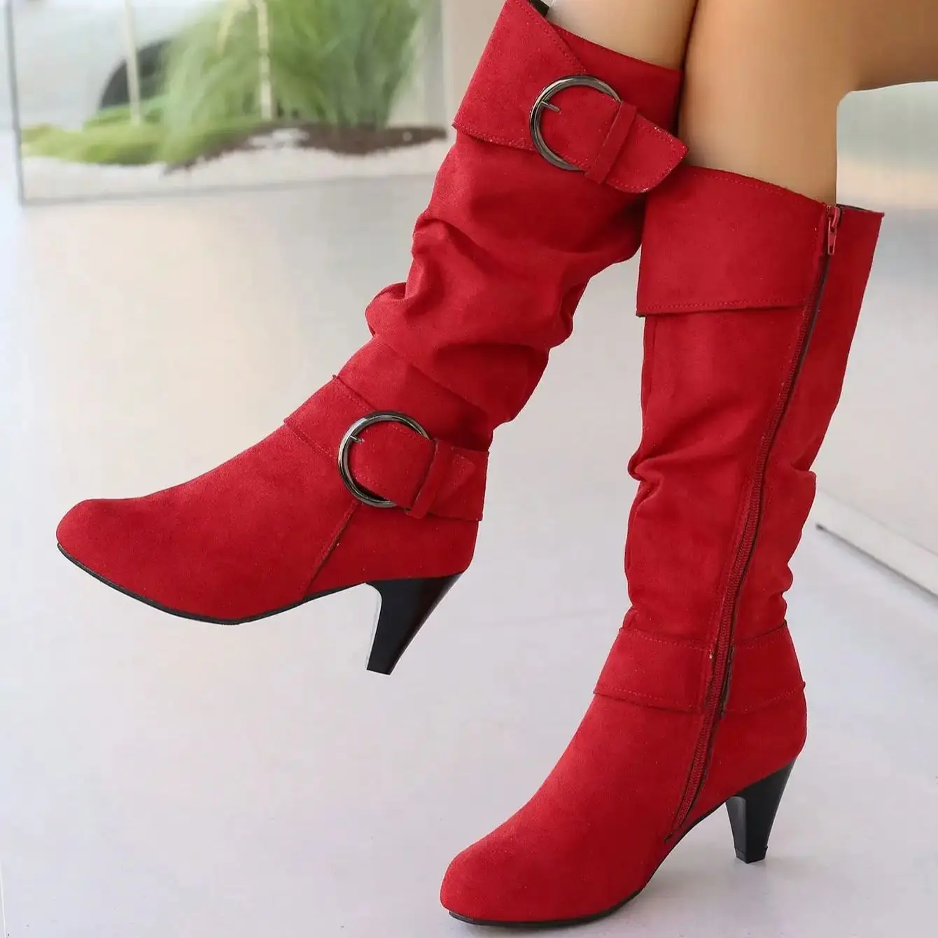 

Women's winter fashion suede knee-high boots buckle plus size high heel boots Red grey black