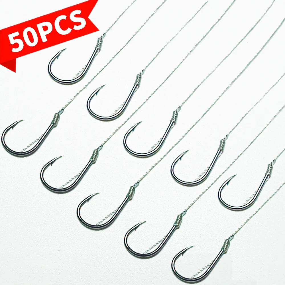 50 peças de ganchos de pesca de tamanho pequeno com linha PE 3 # -8 #   Ganchos de pesca pré-amarrados Gancho de corda Gancho de sub-linha para pesca de carpa