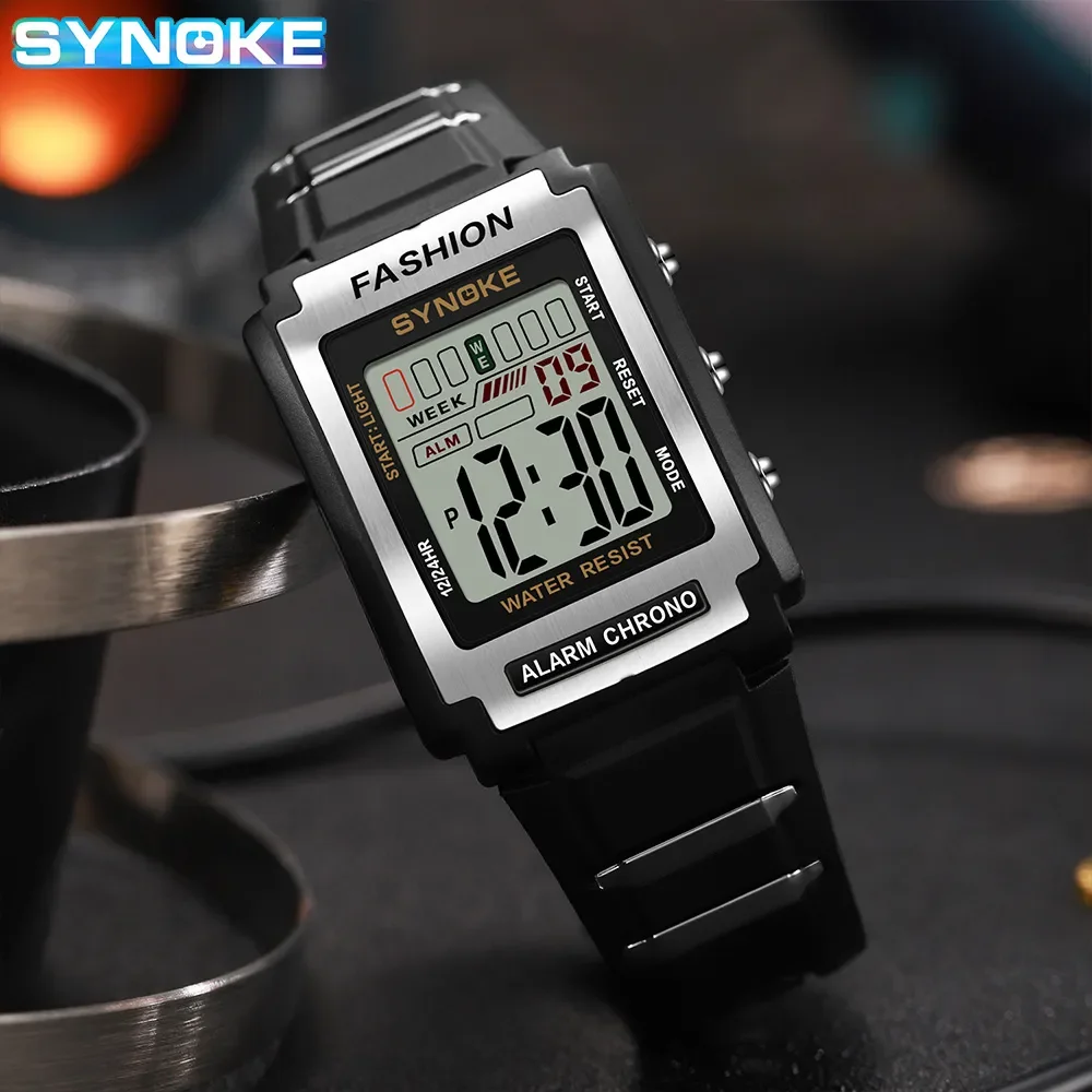 SYNOKE Men Rectangular Sports Electronic Watch Waterproof 50M Night Light Large Screen Alarm Clock Trend Retro Style