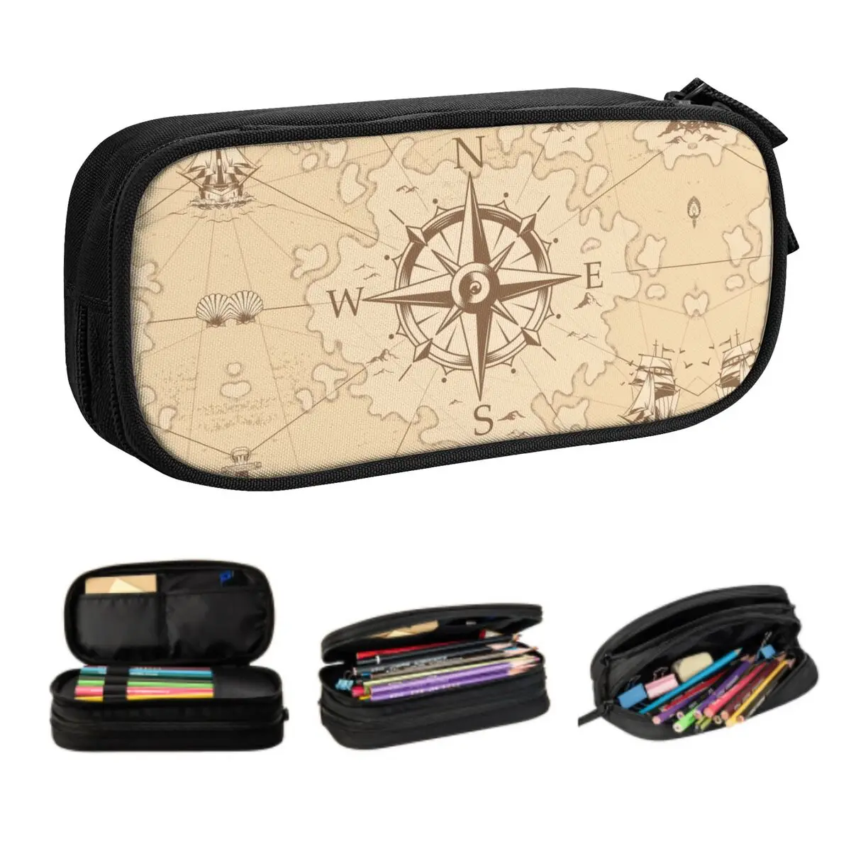 Custom Vintage Pirate's Map Cute Pencil Case Boy Girl Large Capacity Nautical Compass Sailor Pencil Pouch Students Stationery