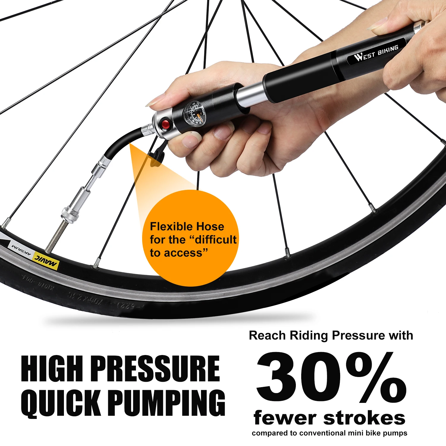 WEST BIKING Bike Inflated Pump High Pressure 160PSI Aluminum Bicycle Air Pump Presta Schrader Valve Bike Tire Pump With Hose