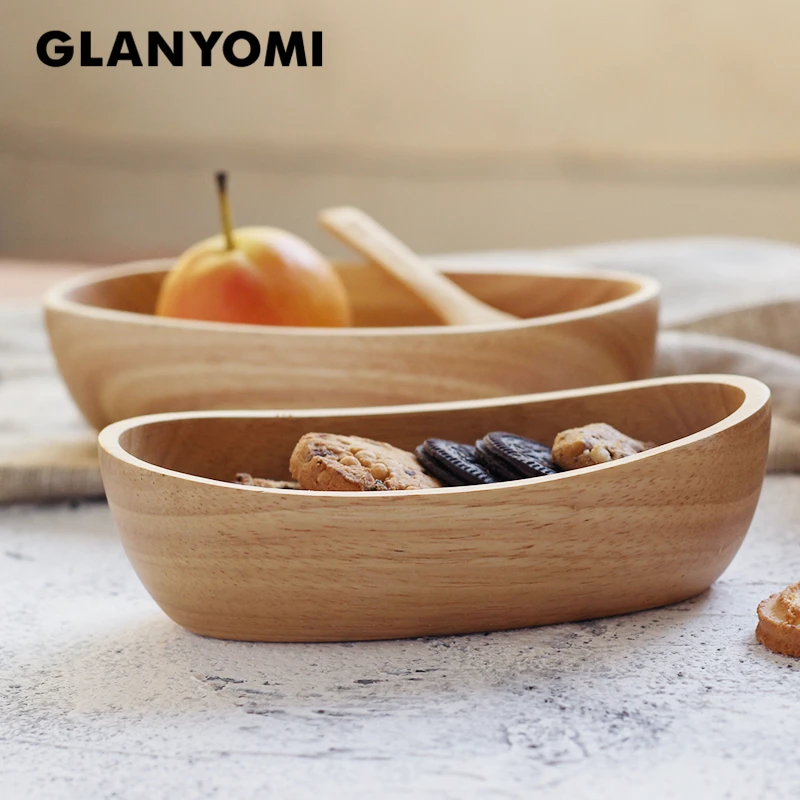 Boat Shape Serving Bowl for Fruits or Salad, Natural Solid Oval Wooden Bowl