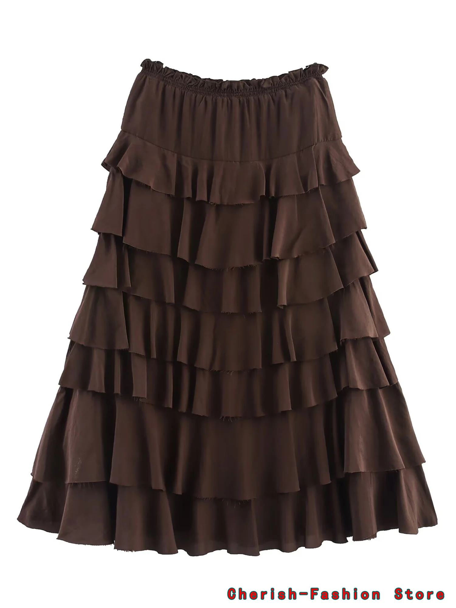 Nouvelle mode élégante solide jupes longues 2025 jupe de soirée couleur marron jupe Midi à volants femmes Vintage jupe à volants femme