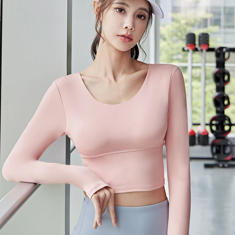 Women Cross Back Sports Shirts Round Neck Long Sleeve Yoga Crop Tops Fitness Gym Workout Sportswear Backless Slim Fit Sports Top