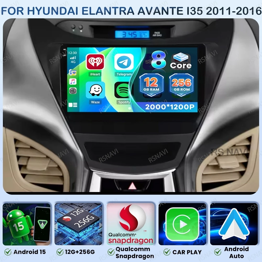 

Android 15 Car Radio For Hyundai Elantra Avante I35 2011-2016 Navigation DSP Head Unit DVD Qualcomm Wireless Carplay Auto QLED