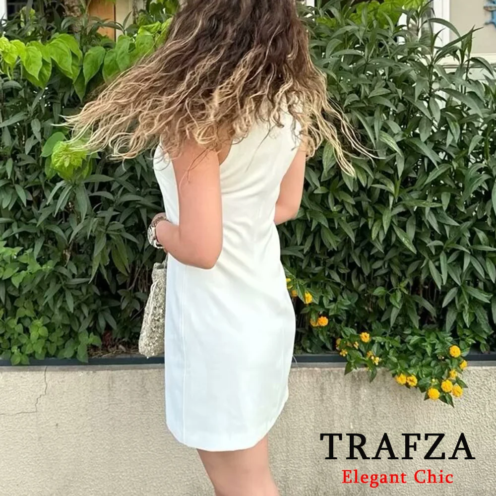 TRAFZA Basic Sexy Solid Mini Women Dress Fashion 2024 Summer Neckline Dress Elegant Female Dress Beach Holiday Party Dress