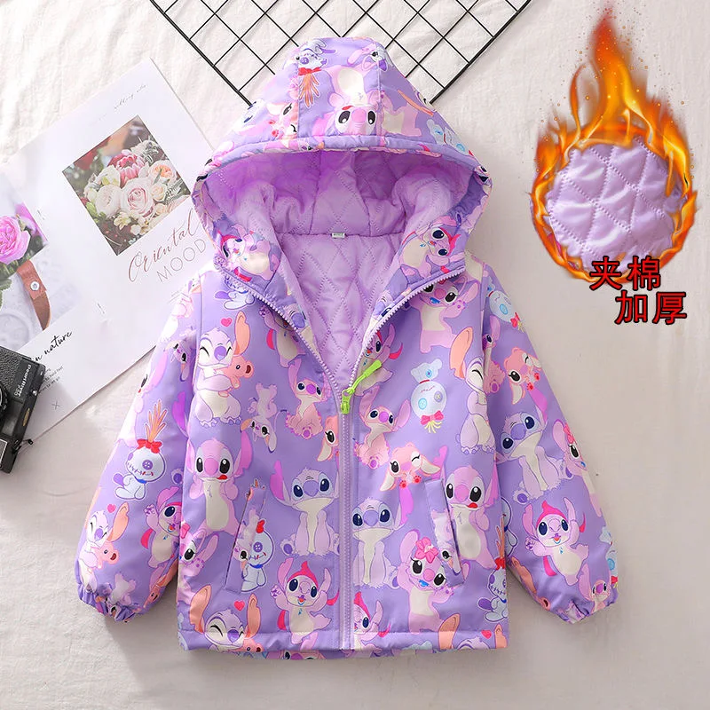 Disney Stitch Jackets For Girls Spring Children Cotton Padded Thickening Hooded Zipper Warm Outerwear Autumn Kids Casual Coats