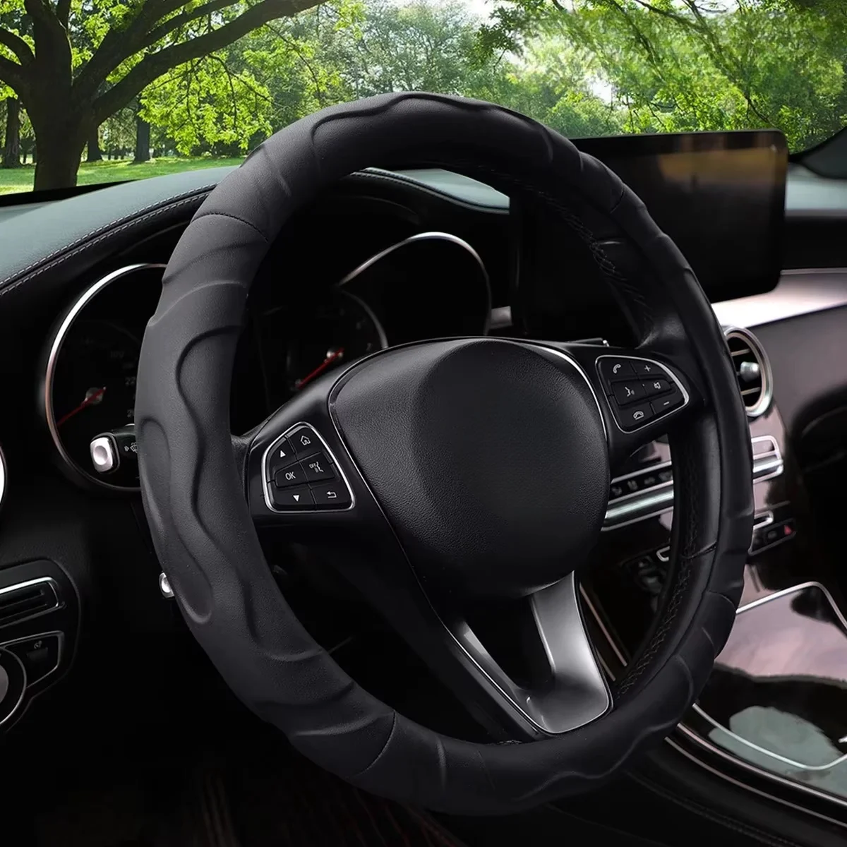 Artificial Lamb Skin Sense Three-dimensional Styling Sports Car Steering Wheel Cover Fits 14.5-15 Inches 37-38CM