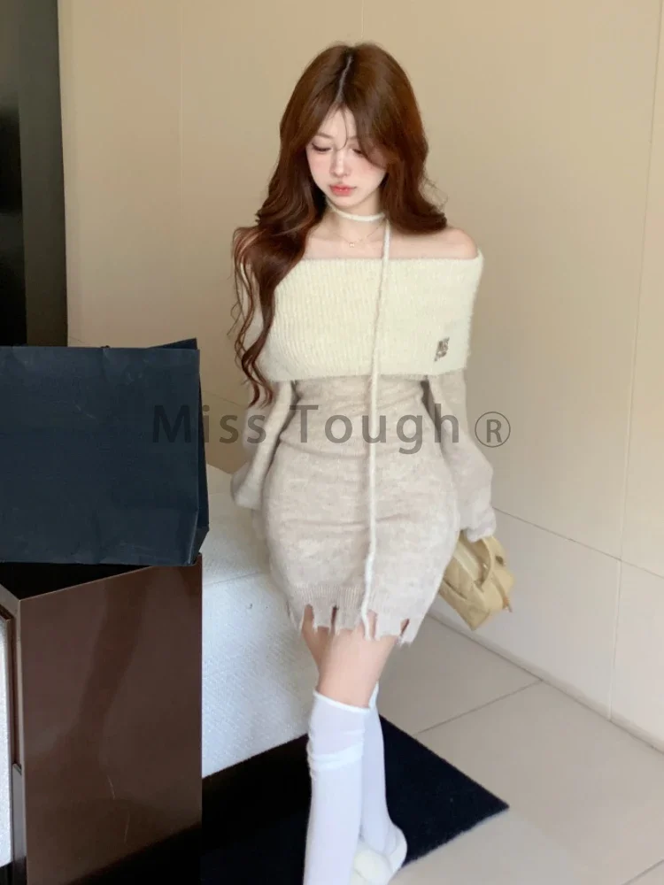 Winter Knit France Vintage One Piece Dress Women Sexy Off Sholder Elegant Sweater Mini Dress Female Korean Style Chic Dress 2023